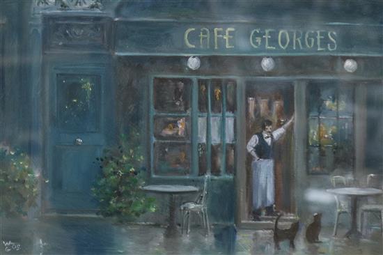 William Gowland, pair of oils, café scenes, 19 x 30cm